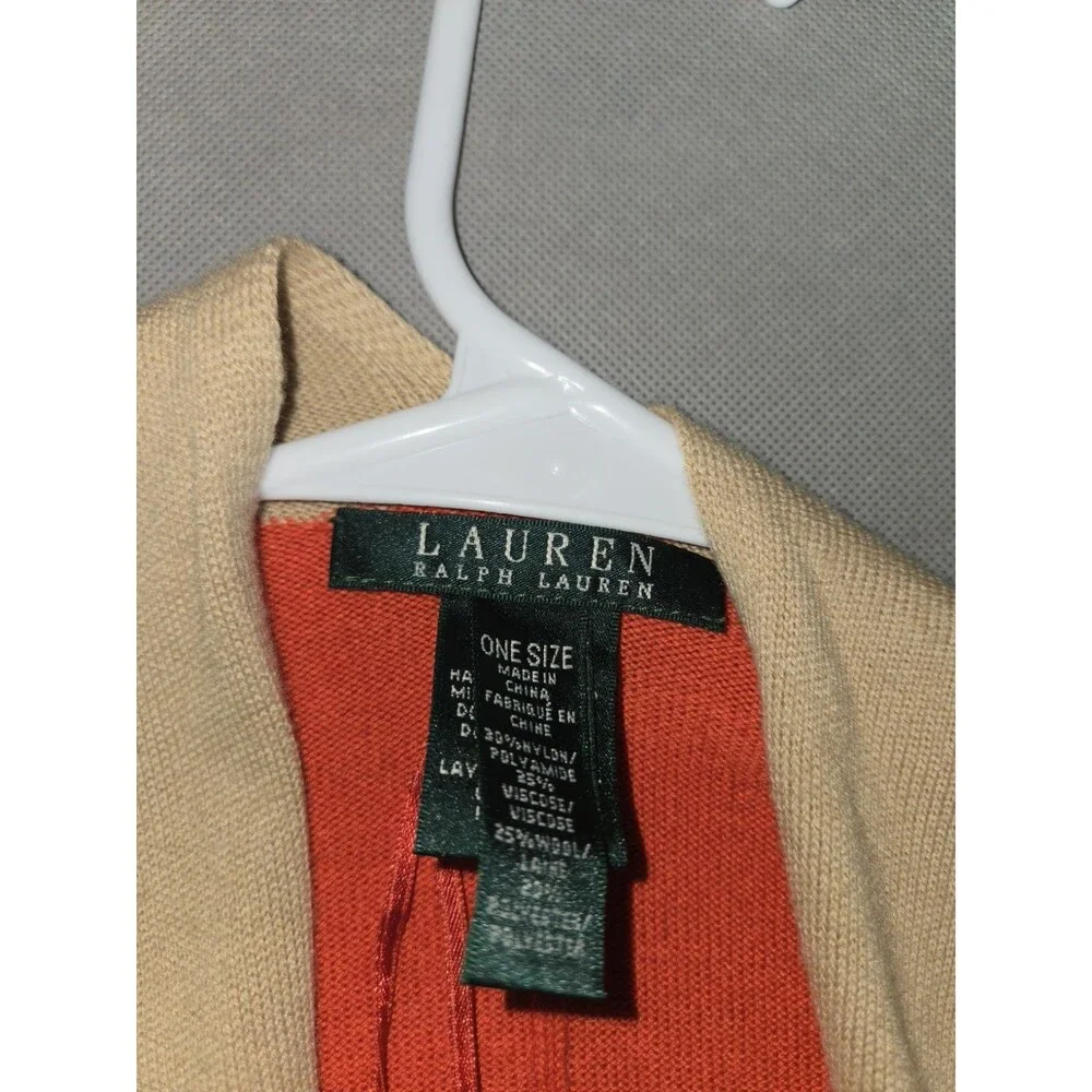 Ralph Lauren Tan and Orange Colorblock Knit Wool Blend Shawl - One Size